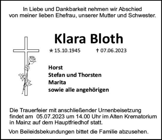 Traueranzeige von Klara Bloth von Allgemeine Zeitung Mainz