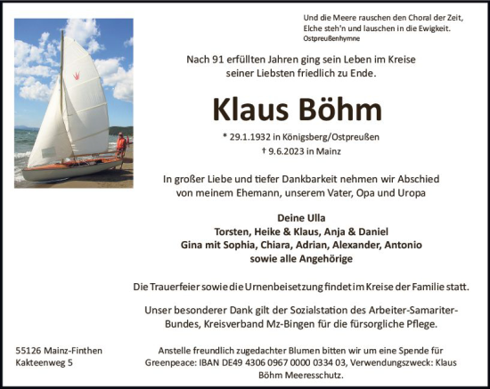 Traueranzeige von Klaus Böhm von Allgemeine Zeitung Mainz Traueranzeige von Klaus Böhm von Allgemeine Zeitung Mainz