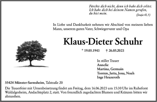 Traueranzeige von Klaus-Dieter Schuhr von Bingen/Ingelheim WOBL inkl. Neue Binger Ztg.