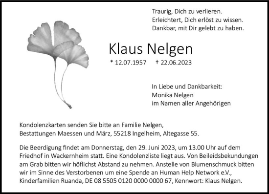 Traueranzeige von Klaus Nelgen von Allgemeine Zeitung Bingen/Ingelheim