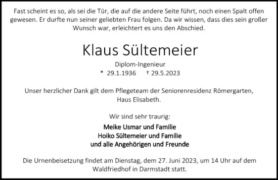 Traueranzeige von Klaus Sültemeier von Darmstädter Echo