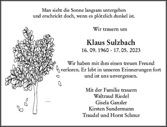 Traueranzeige von Klaus Sulzbach von Odenwälder Echo