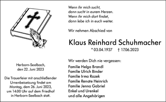 Traueranzeige von Klaus Reinhard Schuhmacher von Dill Block