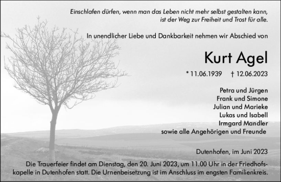 Traueranzeige von Kurt Agel von Wetzlarer Neue Zeitung
