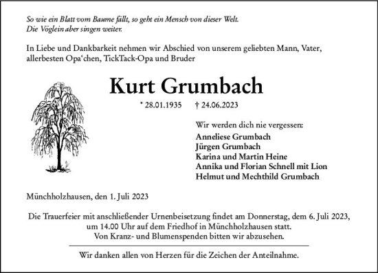 Traueranzeige von Kurt Grumbach von Wetzlarer Neue Zeitung