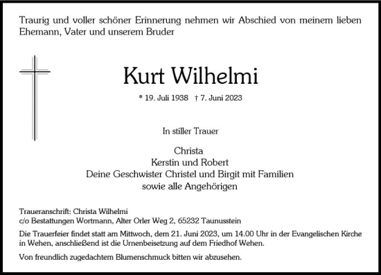 Traueranzeige von Kurt Wilhelmi von Wiesbadener Kurier