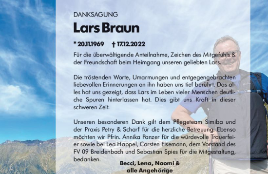 Traueranzeige von Lars Braun von Hinterländer Anzeiger
