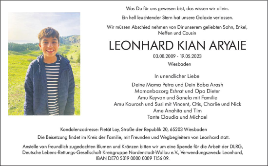 Traueranzeige von Leonhard Kian Aryaie von Wiesbadener Kurier