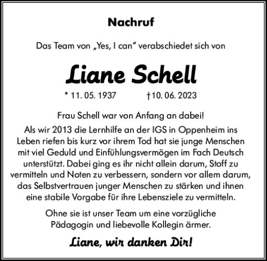 Traueranzeige von Liane Schell von Allgemeine Zeitung Mainz