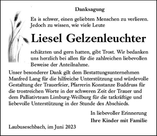 Traueranzeige von Liesel Gelzenleuchter von Weilburger Tageblatt