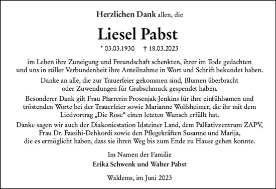 Traueranzeige von Liesel Pabst von Camberger Anzeiger