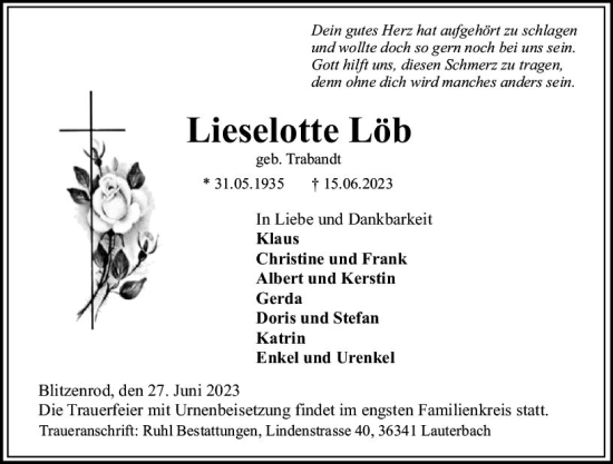 Traueranzeige von Lieselotte Löb von VRM Trauer