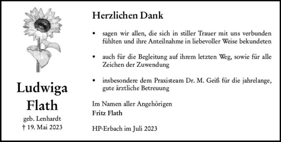 Traueranzeige von Ludwiga Flath von Starkenburger Echo