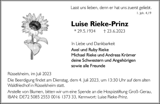 Traueranzeige von Luise Rieke-Prinz von Rüsselsheimer Echo