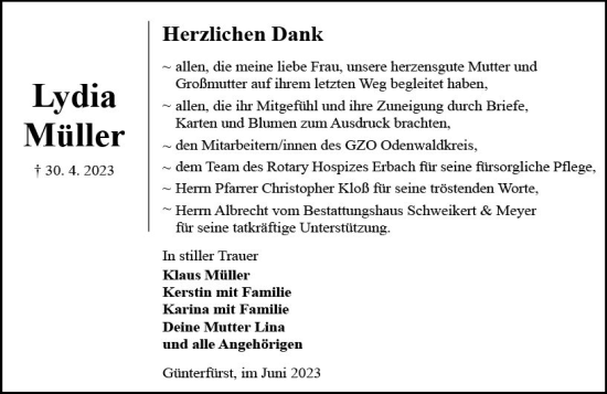 Traueranzeige von Lydia Müller von Odenwälder Echo