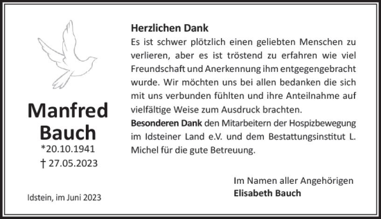 Traueranzeige von Manfred Bauch von Idsteiner Land/Untertaunus