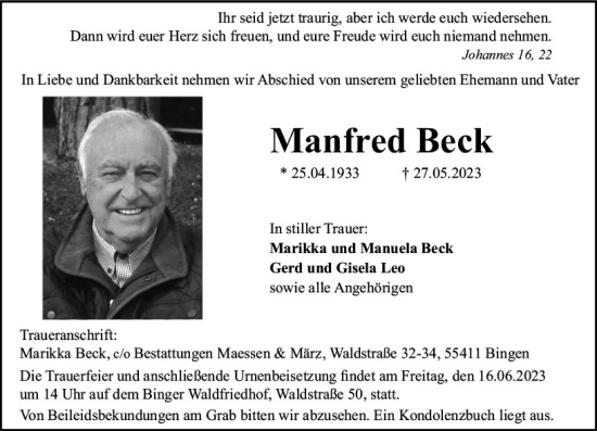 Traueranzeige von Manfred Beck von Allgemeine Zeitung Bingen/Ingelheim