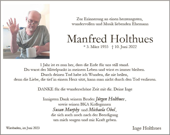 Traueranzeige von Manfred Holthues von Wiesbadener Kurier