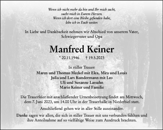Traueranzeige von Manfred Keiner von Wetzlarer Neue Zeitung