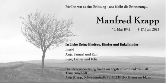 Traueranzeige von Manfred Krapp von Allgemeine Zeitung Mainz