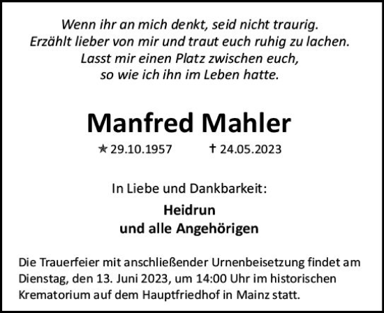 Traueranzeige von Manfred Mahler von Allgemeine Zeitung Mainz