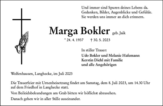 Traueranzeige von Marga Bokler von Weilburger Tageblatt