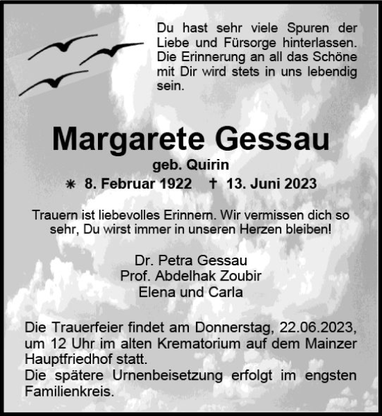Traueranzeige von Margarete Gessau von Allgemeine Zeitung Mainz Traueranzeige von Margarete Gessau von Allgemeine Zeitung Mainz