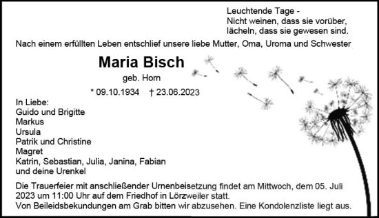 Traueranzeige von Maria Bisch von Allgemeine Zeitung Mainz