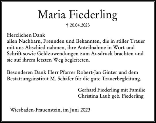 Traueranzeige von Maria Fiederling von Wiesbadener Kurier
