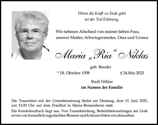 Traueranzeige von Maria Niklas von Allgemeine Zeitung Mainz