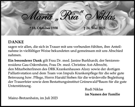 Traueranzeige von Maria Niklas von Allgemeine Zeitung Mainz