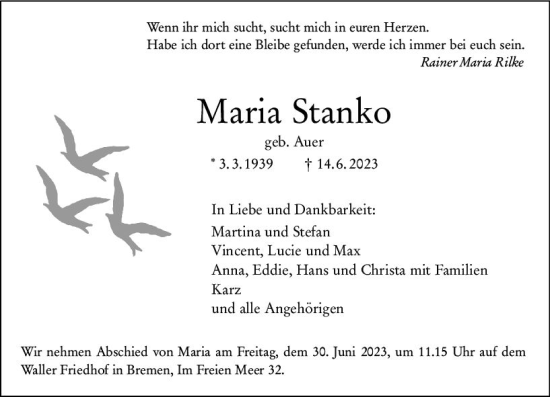 Traueranzeige von Maria Stanko von Allgemeine Zeitung Mainz