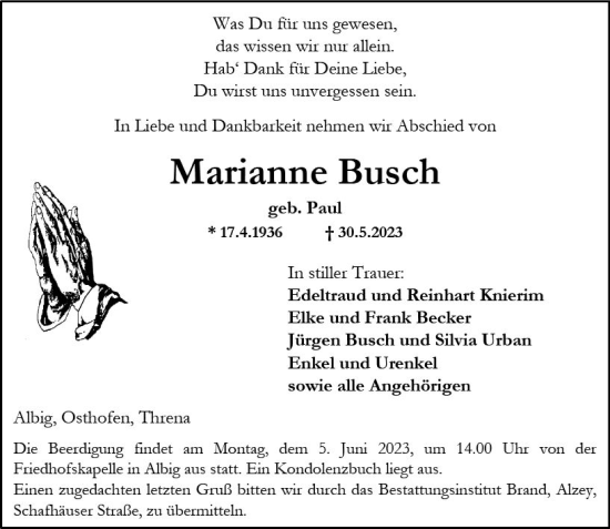Traueranzeige von Marianne Busch von Allgemeine Zeitung Alzey
