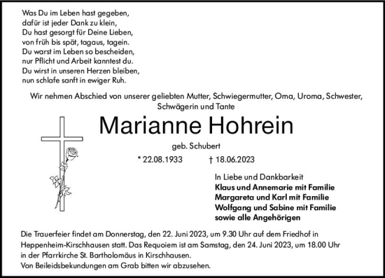 Traueranzeige von Marianne Hohrein von Starkenburger Echo