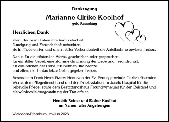 Traueranzeige von Marianne Ulrike Koolhof von Wiesbadener Kurier