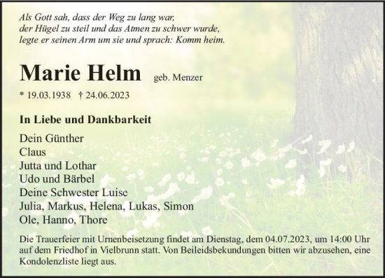Traueranzeige von Marie Helm von Odenwälder Echo