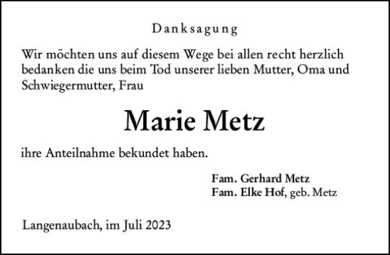 Traueranzeige von Marie Metz von Dill Block