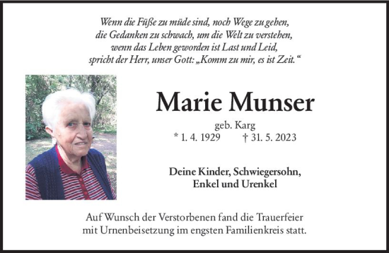 Traueranzeige von Marie Munser von Groß-Gerauer Echo