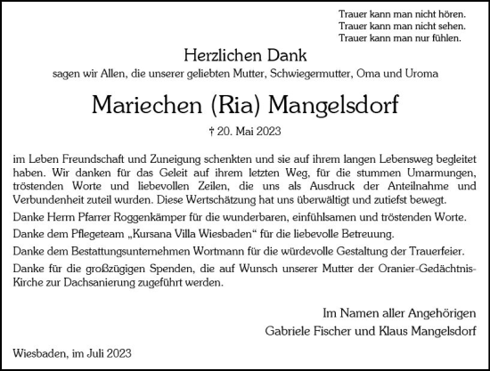 Traueranzeige von Mariechen  Mangelsdorf von Wiesbadener Kurier