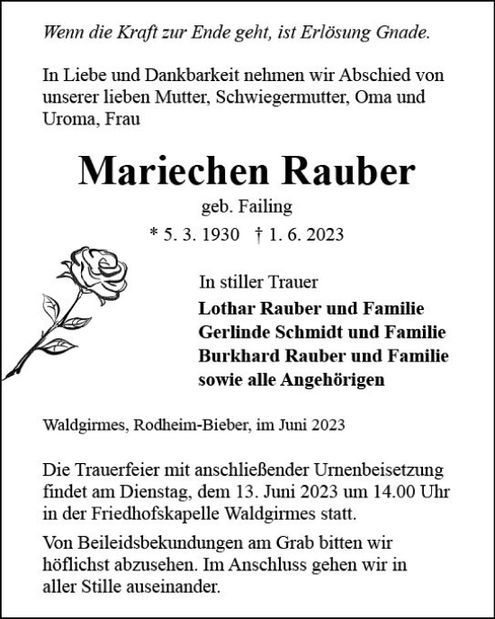 Traueranzeige von Mariechen Rauber von Wetzlarer Neue Zeitung
