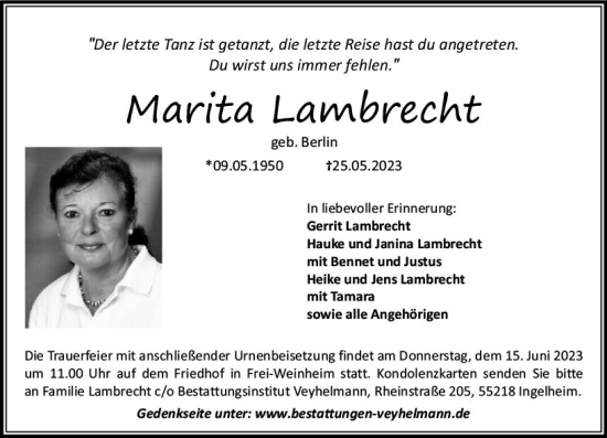 Traueranzeige von Marita Lambrecht von Allgemeine Zeitung Bingen/Ingelheim