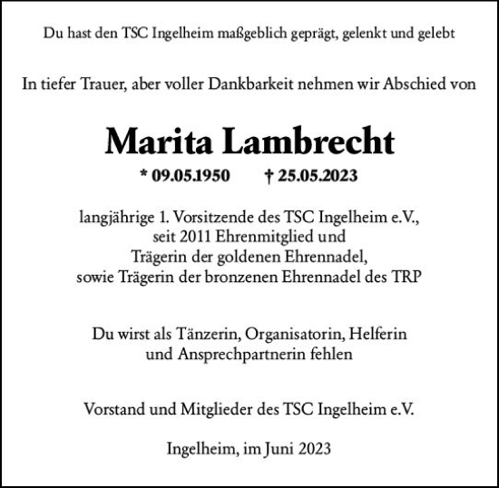 Traueranzeige von Marita Lamterecht von Allgemeine Zeitung Bingen/Ingelheim