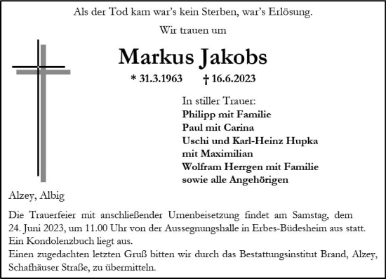 Traueranzeige von Markus Jakobs von Allgemeine Zeitung Alzey