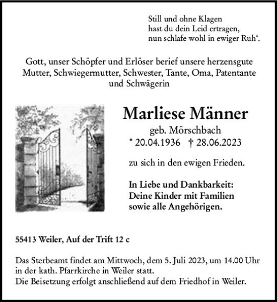 Traueranzeige von Marliese Männer von Allgemeine Zeitung Bingen/Ingelheim