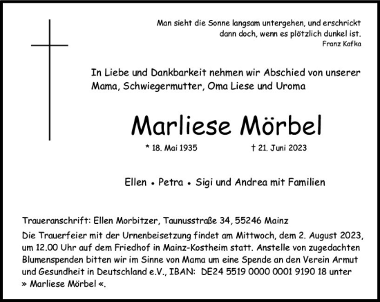 Traueranzeige von Marliese Mörbel von Allgemeine Zeitung Mainz