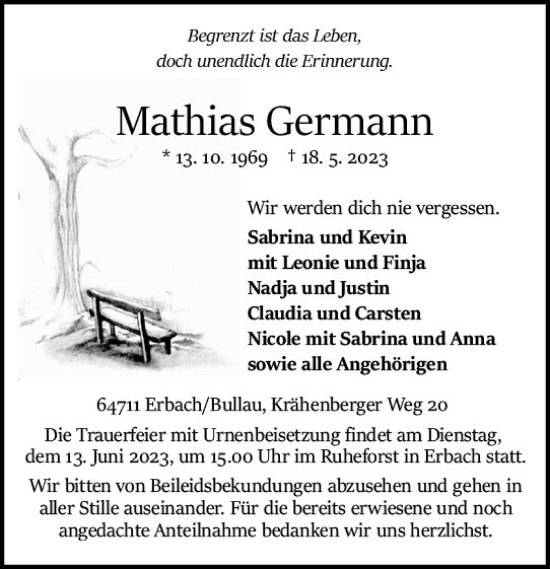 Traueranzeige von Mathias Germann von Odenwälder Echo