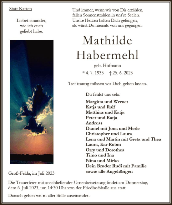 Traueranzeige von Mathilde Habermehl von Oberhessen Kurier