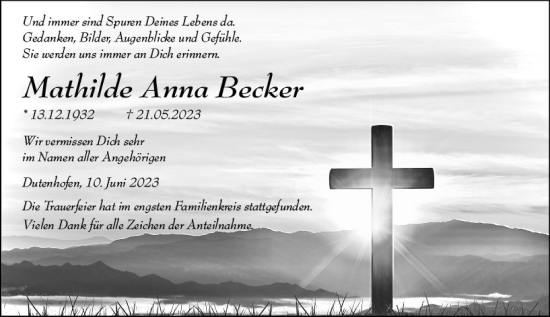 Traueranzeige von Mathilde Anna Becker von Wetzlarer Neue Zeitung