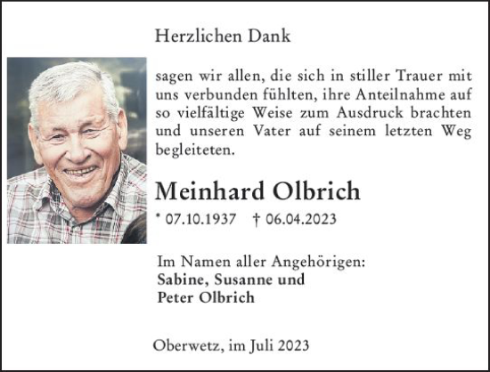Traueranzeige von Meinhard Olbrich von Wetzlarer Neue Zeitung
