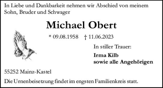 Traueranzeige von Michael Obert von Allgemeine Zeitung Mainz